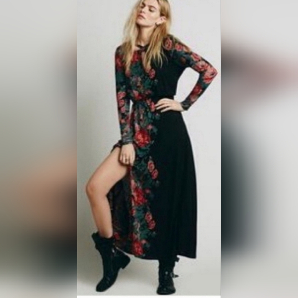 Free People Red and Black Long Sleeve Sundress with Slit